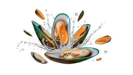 Scattered showing exploding green mussels with water splashes and scattered shells on white...