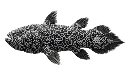 A detailed of a coelacanth fish with intricate hexagonal scale patterns and prominent fins.