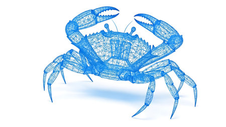 showing blue wireframe crab sculpture with raised claws on a white background with shadow....の写真素材