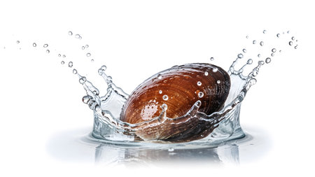 Splash showing brown clam shell dropping into water creating a splash on white background.