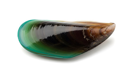A single green lipped mussel shell a gradient of brown to vibrant green hues, isolated on a...
