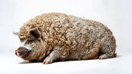 Fluffy showing a fluffy, curly-haired pig lies down on a white background. resolution