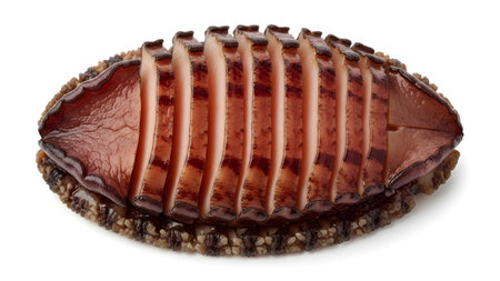 Sliced abalone showcases its textured brown shell and succulent pinkish-brown meat, presented on...