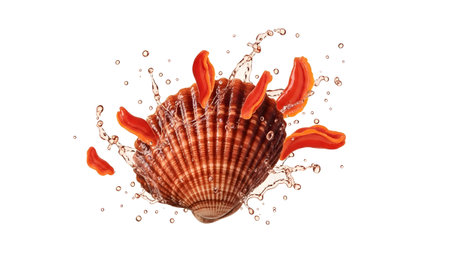 showing single scallop shell with red roe and water splashes on white background.