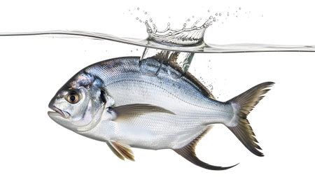 Splash showing silver fish emerging from water surface with splash on white background isolated....