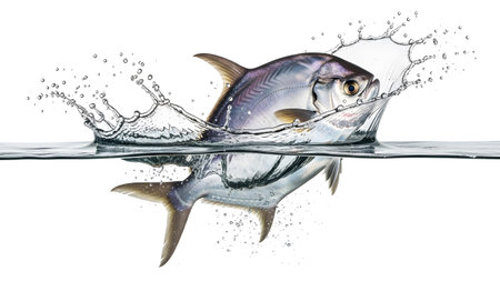 Splash showing silver fish jumping from water with reflection and splash on white background....