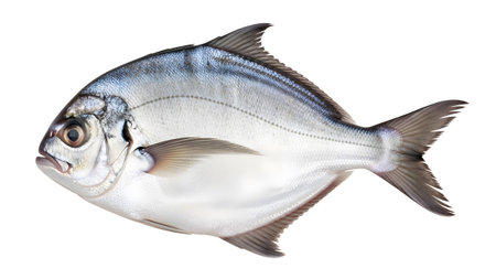 Fish showing silver pomfret fish with blue hues isolated on white background studio shot.