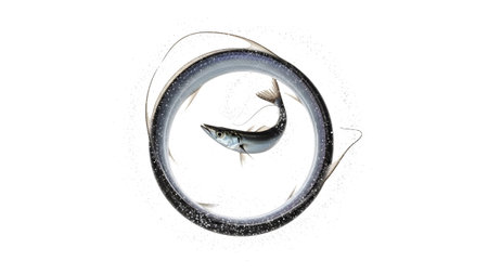 A slender silver fish with delicate fins forms a circular shape with water droplets around it on...