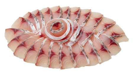 Raw fish fillet slices arranged in a decorative circular pattern with a central swirl,...