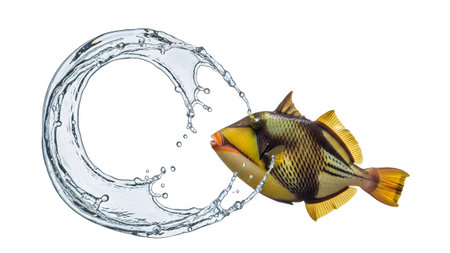 A striking triggerfish with yellow and black stripes and an open mouth is depicted within a...