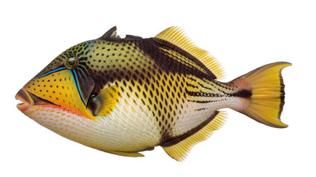 Vibrant showing vibrant tropical triggerfish with yellow and blue markings isolated on white....