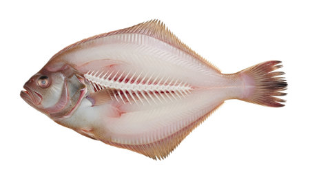 Flesh showing whole raw flounder fish filleted showing rib bones and flesh on white background....