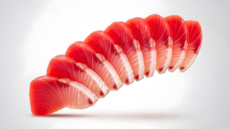 Sliced raw tuna fillets with vibrant red flesh and delicate white marbling are fanned out on a...