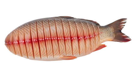 Flesh showing whole fish with cross cuts showing red meat and white flesh isolated on white...