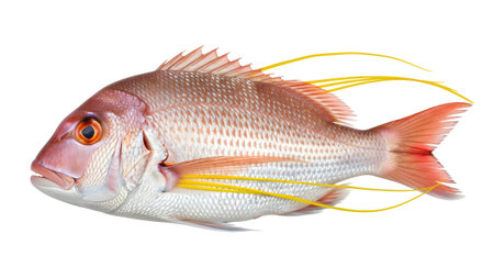 A pink snapper fish with bright orange eyes and trailing yellow filaments, isolated on a pure...