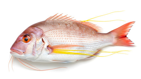 A whole pink snapper fish with vibrant orange eyes and delicate yellow filaments, isolated on a...
