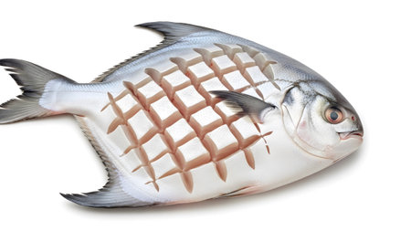Fish showing whole silver fish with diamond pattern scoring on its side isolated on white.