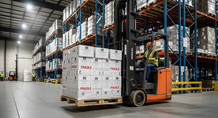 A forklift truck lifts a pallet stacked with white boxes labeled fragile in a vast warehouse.