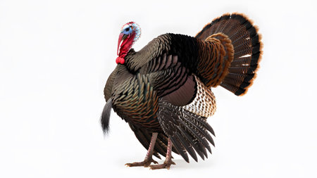 Background showing male wild turkey strutting with tail feathers fanned out white background....