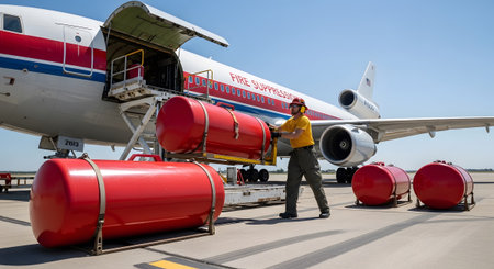 Water showing fire suppression aircraft being loaded with large red retardant tanks on tarmac...の写真素材