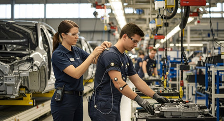 Worker showing female technician assisting male worker with motion capture suit in factory.