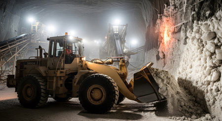 Moving showing front loader excavator moving inside a brightly lit underground mine.