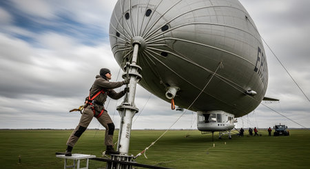 Grassy showing ground crew securing a large airship on a grassy field. resolution