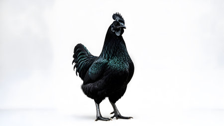 (929) showing full body view of a black ayam cemani chicken with iridescent dark feathers and...の写真素材