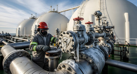 A worker wearing a helmet and mask inspects frozen industrial pipes and valves at a gas plant.