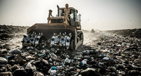 A large yellow compactor machine crushes a vast amount of garbage at a landfill....