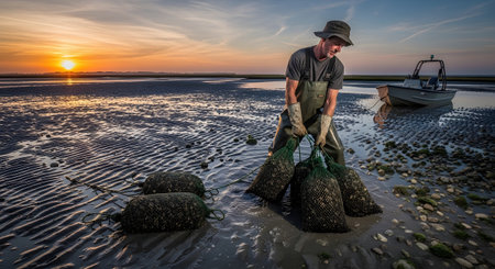 A man in waders carries heavy bags of shellfish across a wet, rippled beach during a vibrant sunset.の写真素材