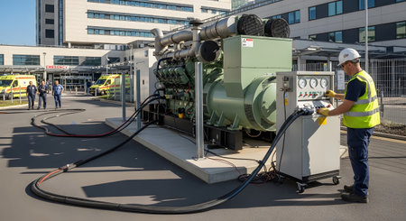 Outside showing large green industrial diesel generator with control panel and worker in...