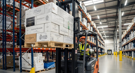 A forklift driver raises a pallet filled with wine boxes within a tall, well-stocked......