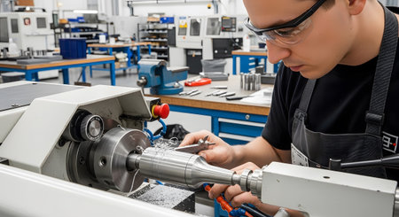 Workshop showing male technician wearing safety glasses precisely operates a metal lathe machine...