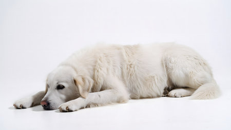 A large, fluffy white dog lies down on a seamless white background, resting its head on its paws...