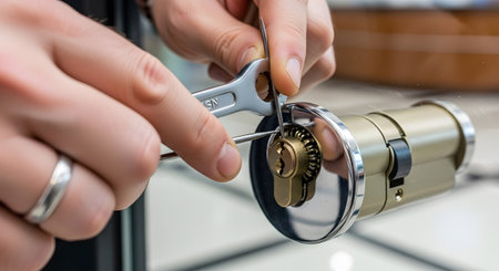 Stock showing hands of a person using lock picking tools and a small wrench to manipulate a...