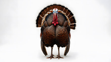 (947) showing male wild turkey displaying full fan of tail feathers against a clean white...
