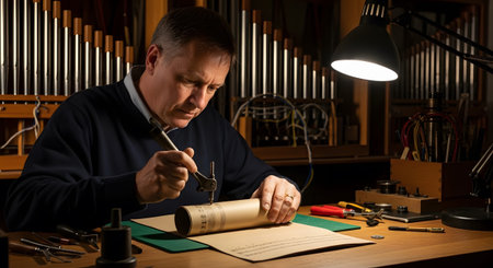 With showing man crafting music roll with tool under desk lamp in workshop. resolution...