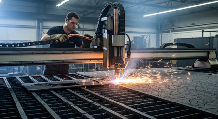 A man in safety glasses operates a laser cutting machine, engraving a metal sheet with bright...