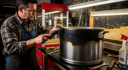 showing man cleaning burnt from large stainless steel pot in workshop. resolution...