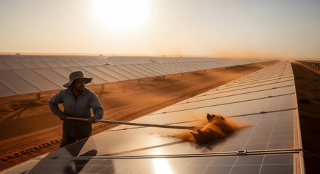 Stock showing man cleaning solar panels with broom at dusty desert solar farm. resolution...の写真素材