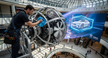 A man in work attire cleans a large, complex spherical fan structure with visible metal...