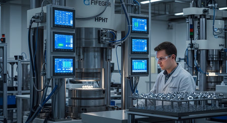 A man in a white lab coat and safety glasses operates a large industrial machine with multiple...