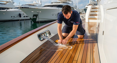 (642) showing man cleaning wooden deck of luxury yacht with water hose and sponge in marina....