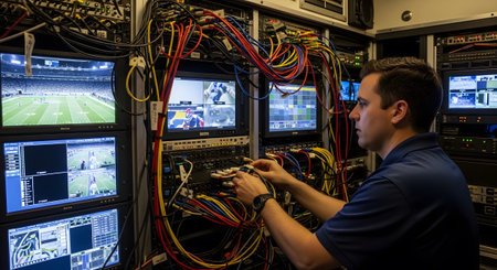 (346) showing man in control room adjusting cables with multiple monitors displaying sports and...