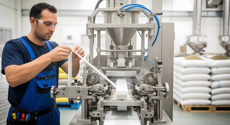 A man wearing blue overalls adjusts tape on an industrial packaging machine within a bright...