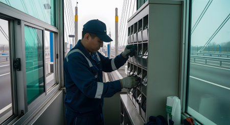 Storage showing man in blue uniform at toll booth checking in a storage cabinet. resolution...