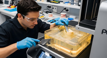 showing man in laboratory uses 3d printer to create dental prosthetics with specialized...