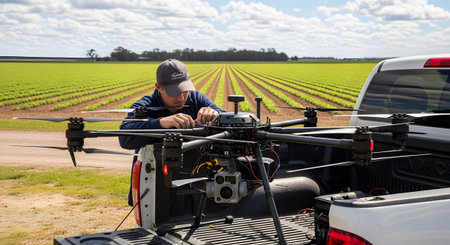 Green showing man in cap adjusts drone with camera in pickup truck bed next to green farm field....