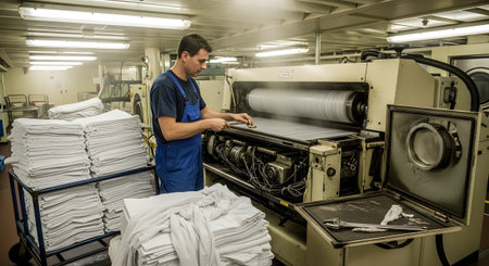 Linens showing man operating industrial laundry machine with stacks of white linens in a factory...
